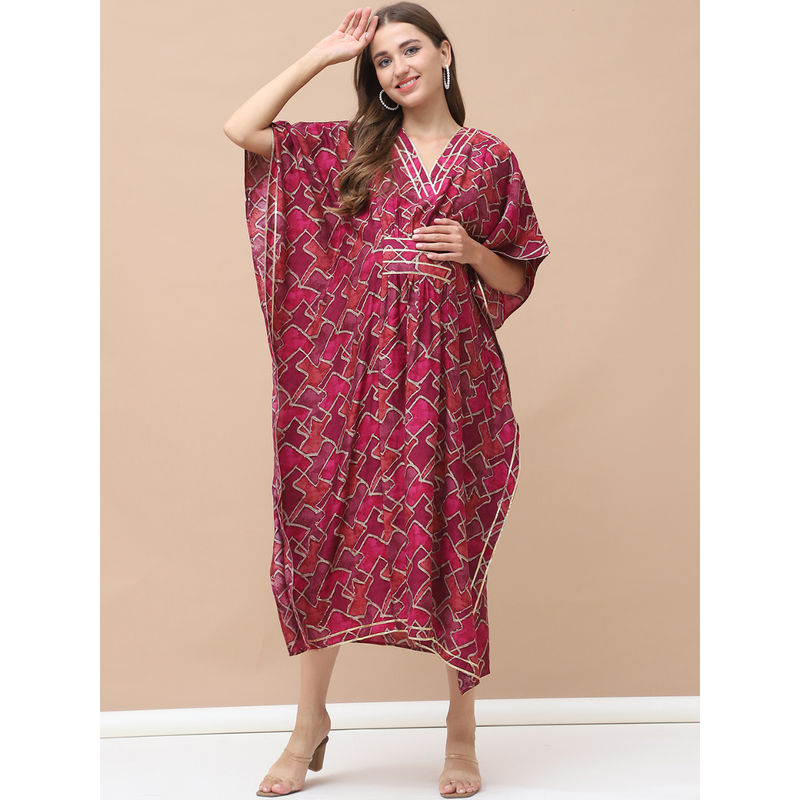 Secret Wish Geometric Print Dark Pink Chanderi Silk Maternity Kaftan Dress (L)