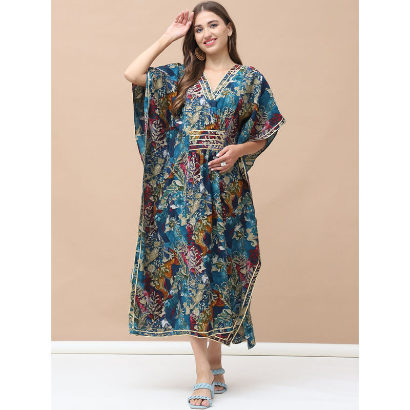 Buy Secret Wish Floral Print Dark Blue Chanderi Silk Maternity Kaftan ...