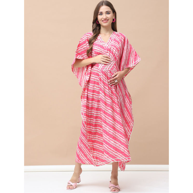 Secret Wish Bandhani Print Pink Chanderi Silk Maternity Kaftan Dress (XL)