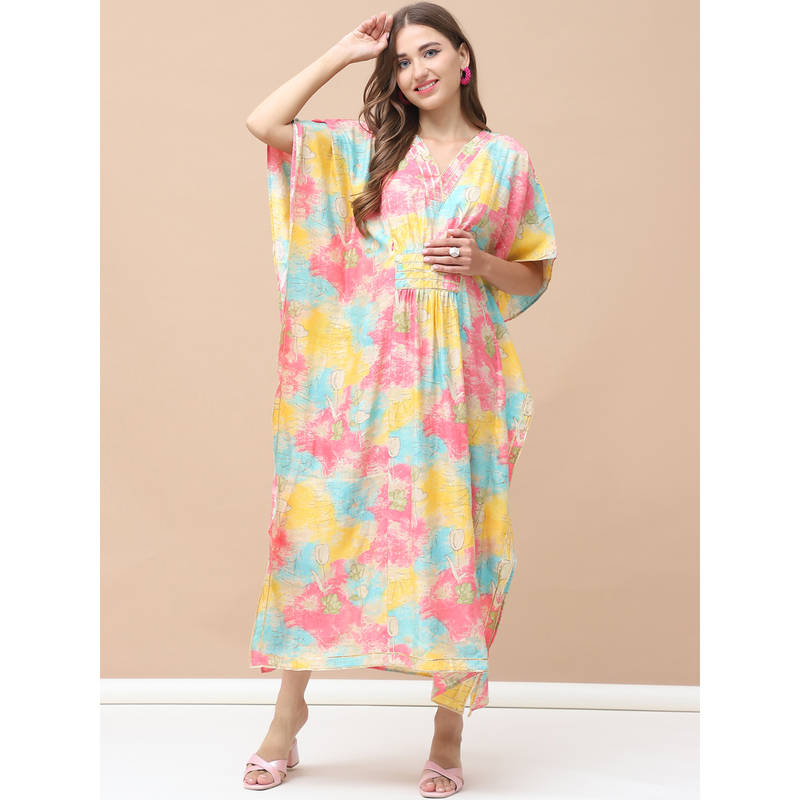 Secret Wish Printed Multi Chanderi Silk Maternity Kaftan Dress (M)