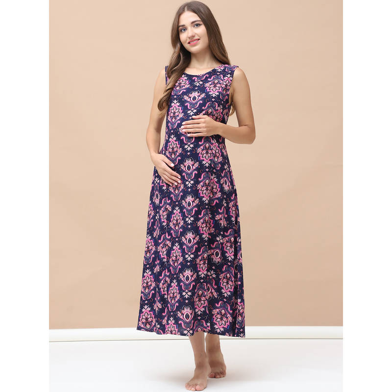 Secret Wish Printed Navy Blue Rayon Maternity Nightdress (M)