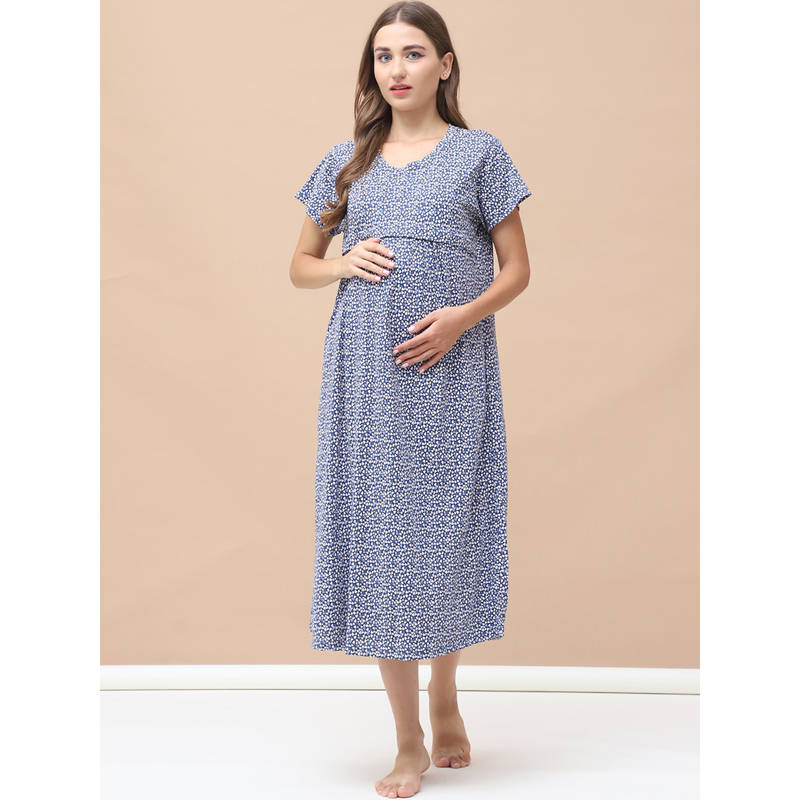 Secret Wish Printed Blue Hosiery Maternity Nightdress (2XL)