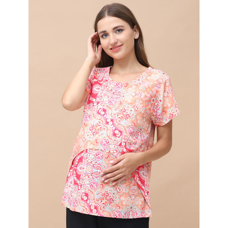 Secret Wish Floral Print Pink Rayon Maternity Nursing Top (M)