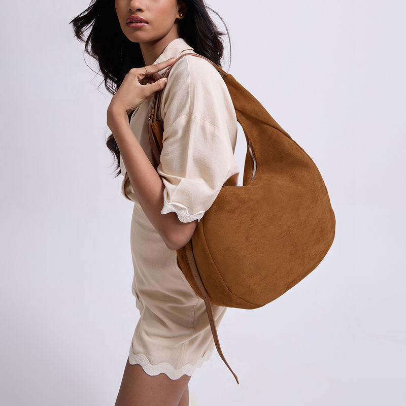 Twenty Dresses by Nykaa Fashion Tan Faux Suede Women's Hobo Bag with  Adjustable Strap
