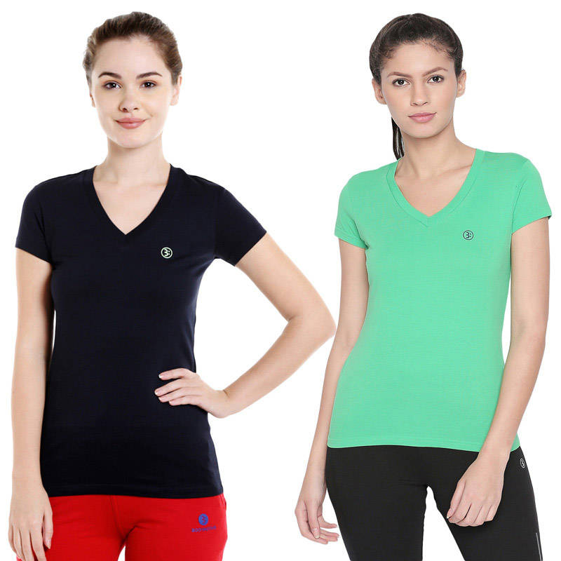 Bodyactive Multi Color T-shirt for Women - TS14-LTGRNNA-2PCS-S
