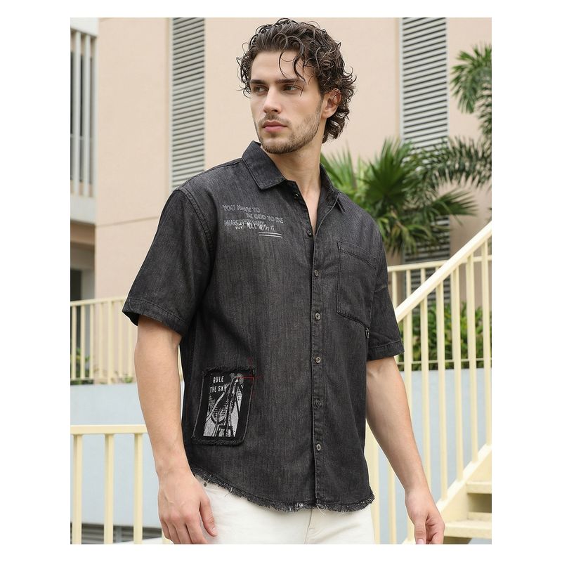 Bewakoof Men Jet Black Applique Washed Oversized Denim Shirt (M)