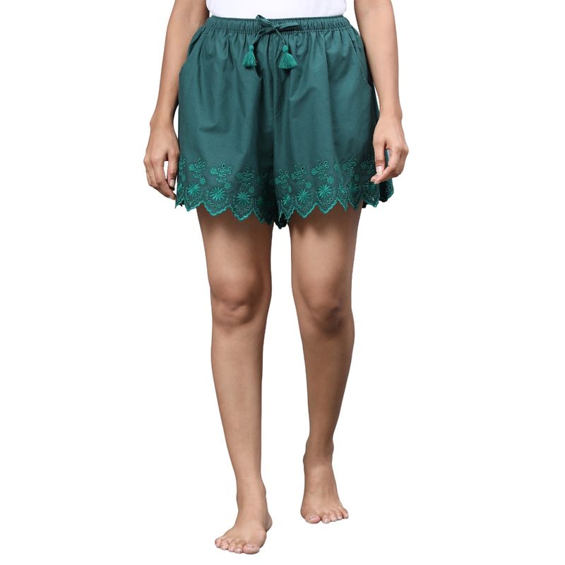 BSTORIES Lounge Shorts For Women-Green Embroidered (S)