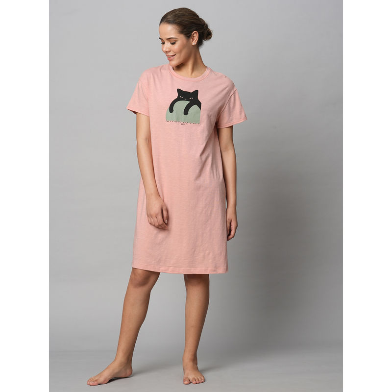 Chemistry Pink Cotton Slub Jersey Cat Print Tee Dress (XL)