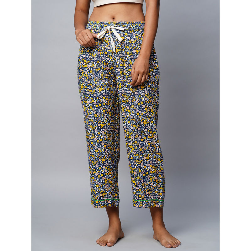 Chemistry Navy Blue Printed Rayon Cropped Pyjama with Ric Rac Detailing (M)
