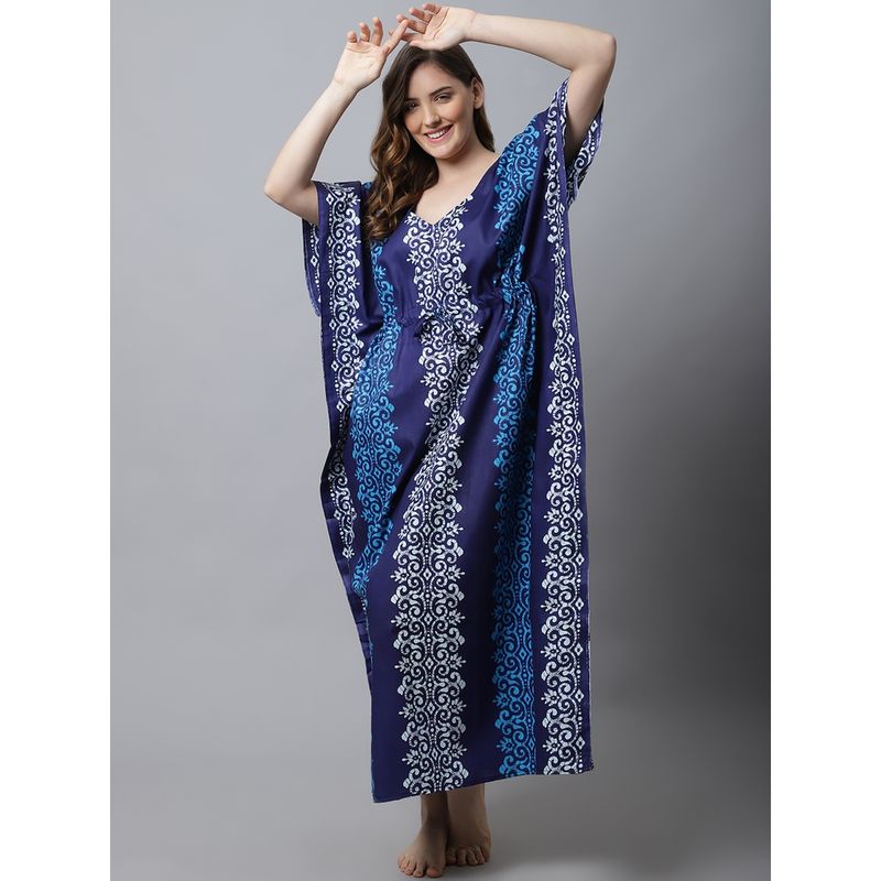 Buy Secret Wish Blue Printed Cotton Kaftan Nighty Online