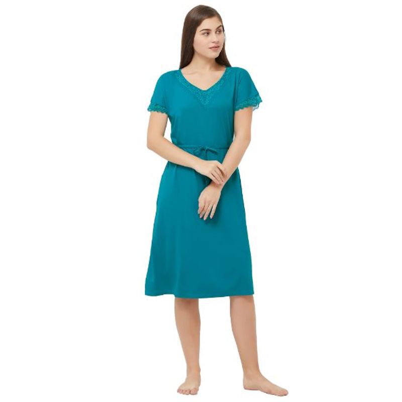 SOIE Womens Knee Length Length Nightdress With Lace - Blue (L)(L)