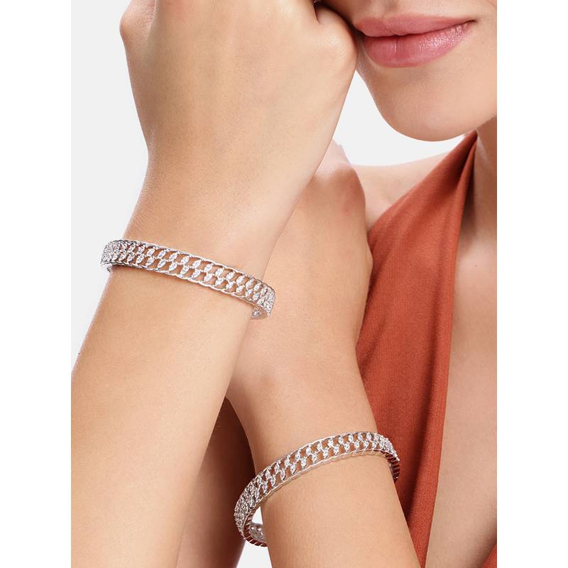 Estele Premium Cz White Rhodium Leaf Pattern Bangles (2.4)