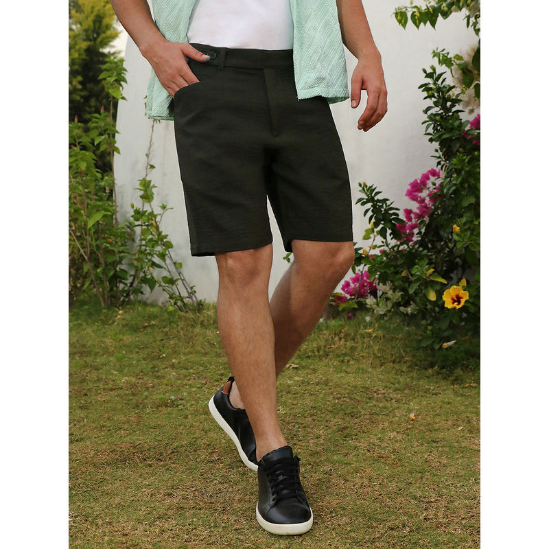 Campus Sutra Men's Army Green Tailored Poly-Linen Shorts (34)