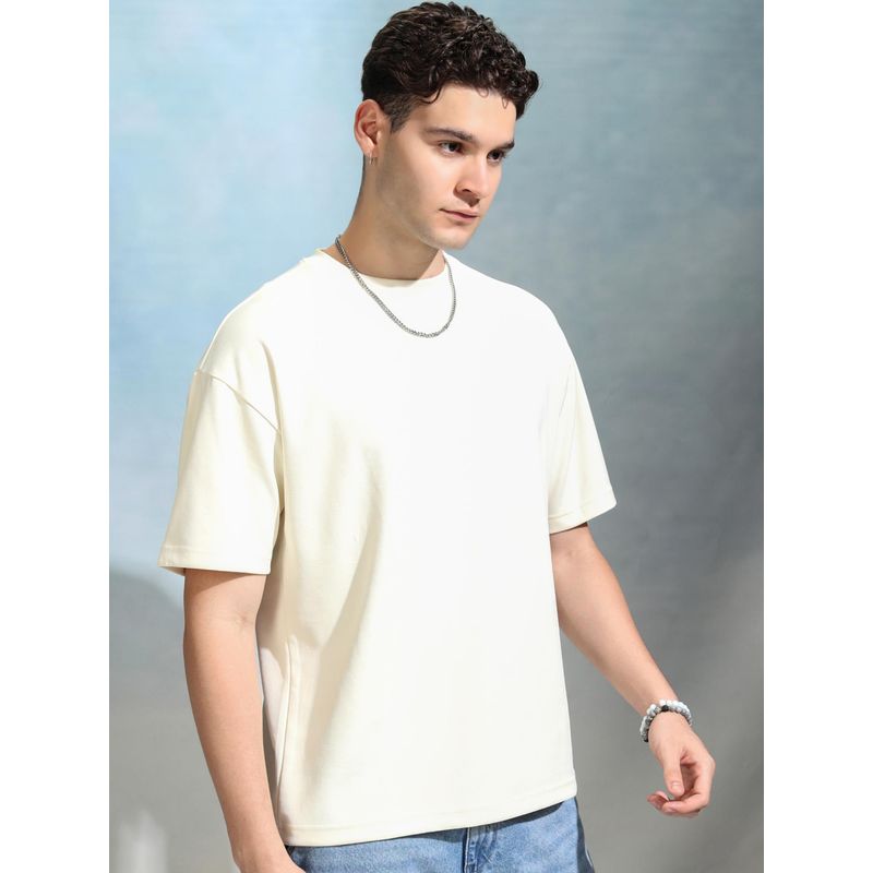 HIGHLANDER Men Off White Round Neck Drop Shoulder T-shirt (L)