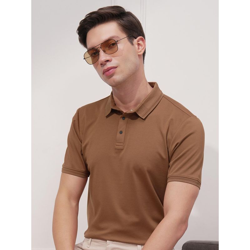 HIGHLANDER Men Brown Regular Fit Jacquard Collar Polo T-shirt (L)