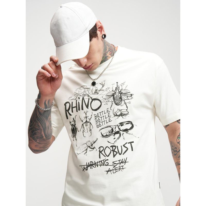 HIGHLANDER Men Off White Round Neck Relaxed Drop Shoulder Graphic T-shirt (XL)