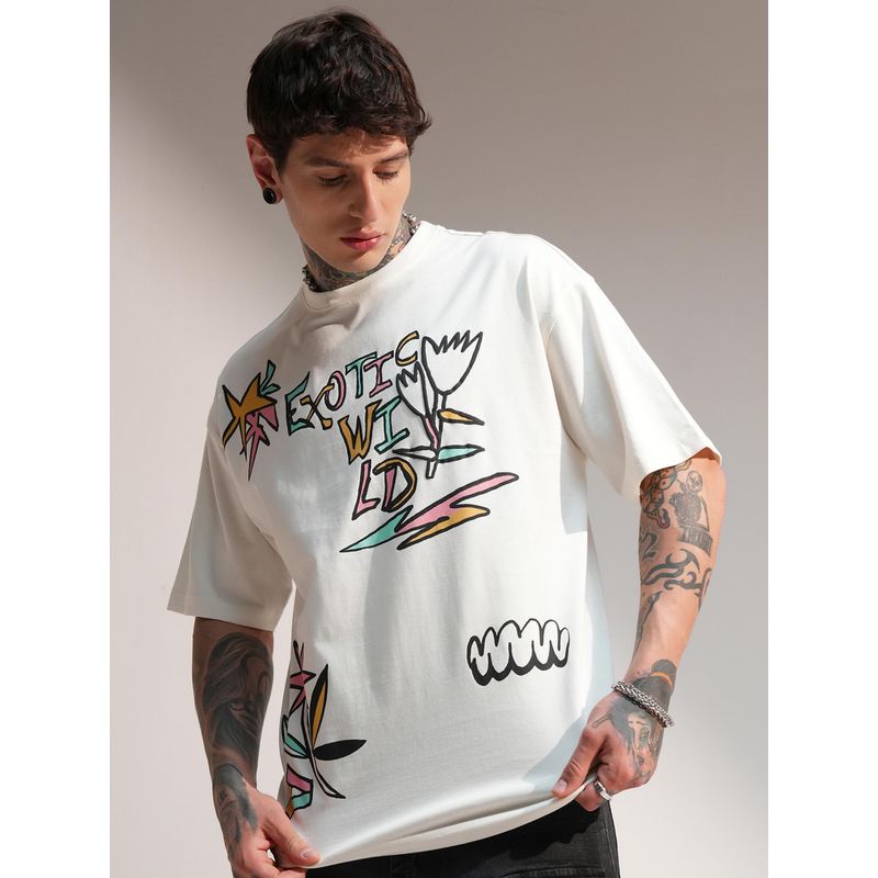 HIGHLANDER Men Off White Round Neck Oversized Drop Shoulder Graphic T-shirt (L)