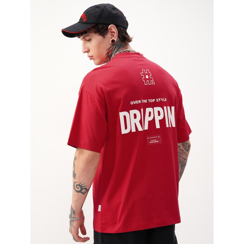 HIGHLANDER Men Red Round Neck Oversized Drop Shoulder Graphic T-shirt (M)