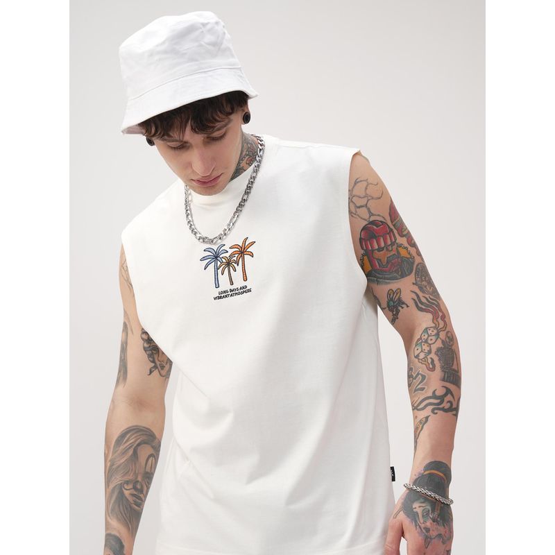 HIGHLANDER Men Off White Round Neck Relaxed Fit Graphic Tank T-shirt (XL)