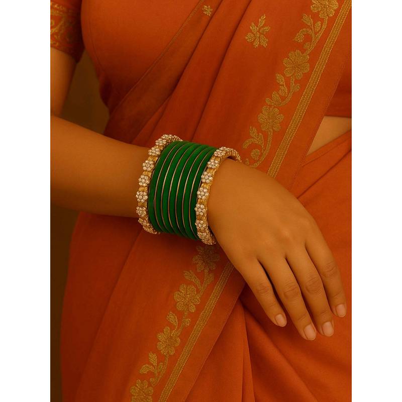 I Jewels Green Gold Plated Traditional Velvet and Stone-Studded Bangles for Women (2.8)