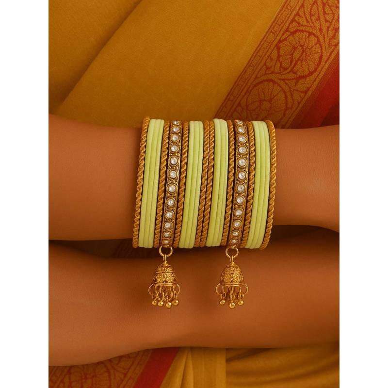 I Jewels Green Gold Plated Velvet and Stone-Studded Bangles with Jhumka Danglers for Women (2.6)