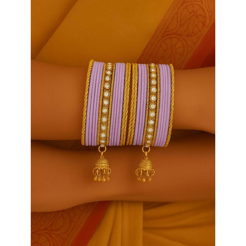 I Jewels Purple Gold Plated Velvet and Stone-Studded Bangles with Jhumka Danglers for Women (2.8)