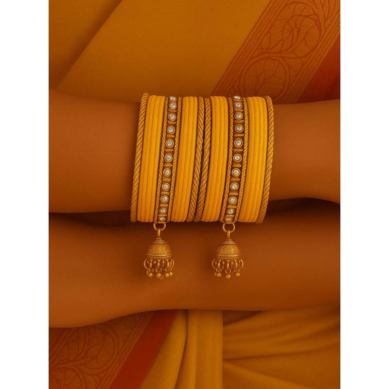 I Jewels Yellow Gold Plated Velvet and Stone-Studded Bangles with Jhumka Danglers for Women (2.6)