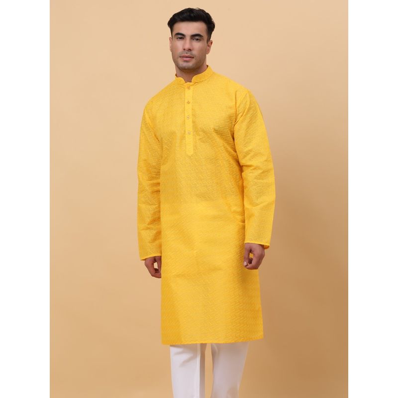Kraft India Men Cotton Yellow Chikan Embroidered Kurta (2XL)