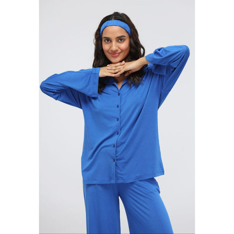 NeceSera Olympian Blue Modal Long Button Down Slit Top (M)