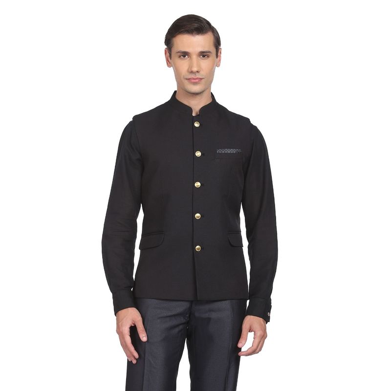 AD By Arvind Men Black Textured Tailored Regular Fit Nehru Jacket (40)