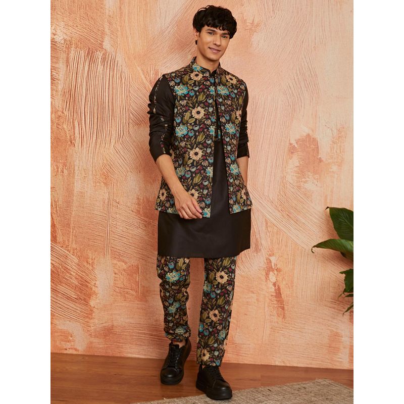 Vastramay Mens Cotton Floral Printed Jacket With Solid Kurta and Pyjama (Set of 3) (36)