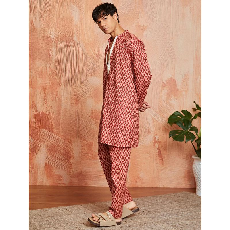 Vastramay Mens Cotton Printed V Neck Kurta Pant (Set of 2) (M)