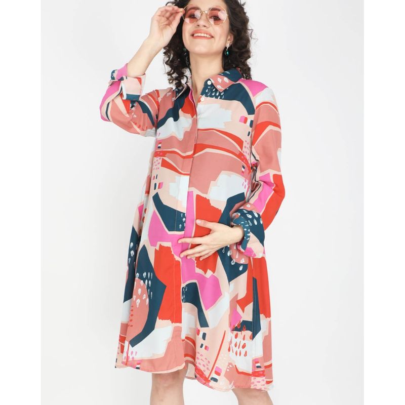 Angloindu Multi Abstract Maternity Shirt Dress (S)