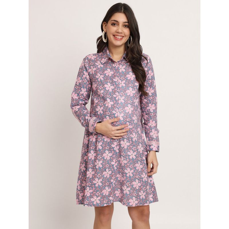Angloindu Purple Floral Maternity Shirt Dress (S)