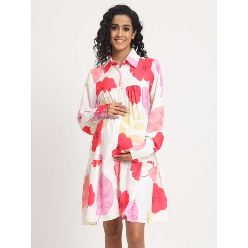 Angloindu White Printed Tiered Maternity Shirt Dress (S)