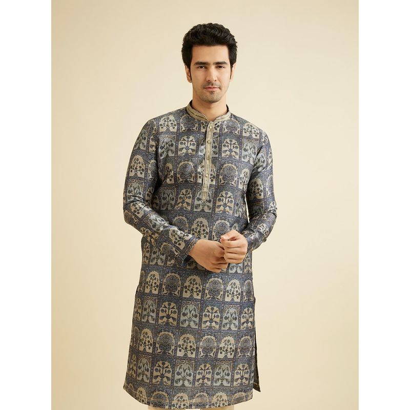 Manyavar Blue Art Silk Printed Kurta & Pyjama (Set of 2) (L)