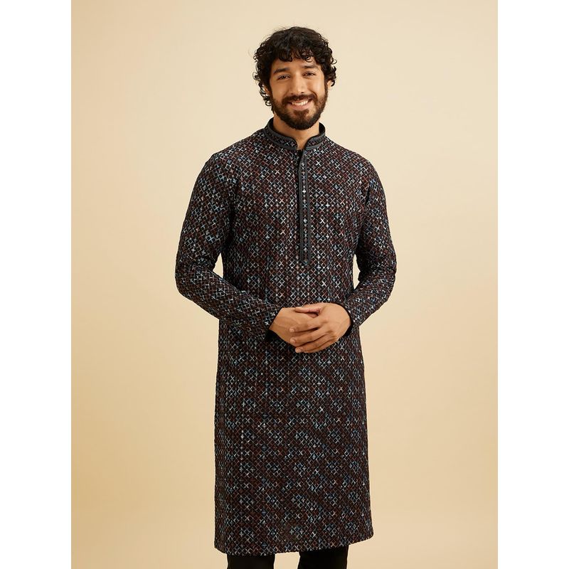 Manyavar Black Viscose Embroidered Sequin Kurta with Pyjama (Set of 2) (L)