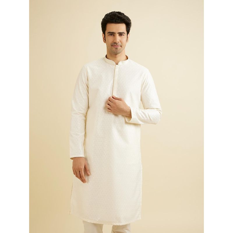 Manyavar Cream Art Silk Embroidery Sequins Work Shimmer Kurta with Pyjama (Set of 2) (M)