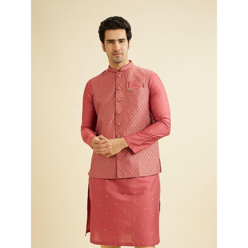 Manyavar Pink Art Silk Embroidered Beads and Stones Work Kurta & Pyjama with Jacket (Set of 3) (L)