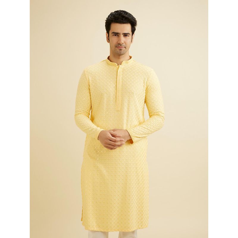 Manyavar Yellow Viscose Chikankari Sequins Work Kurta with Pyjama (Set of 2) (S)