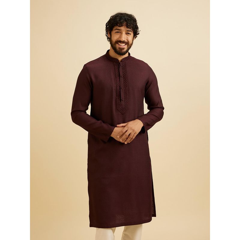 Manyavar Wine Viscose Blend Thread Work Embroidery Kurta with Pyjama (Set of 2) (L)