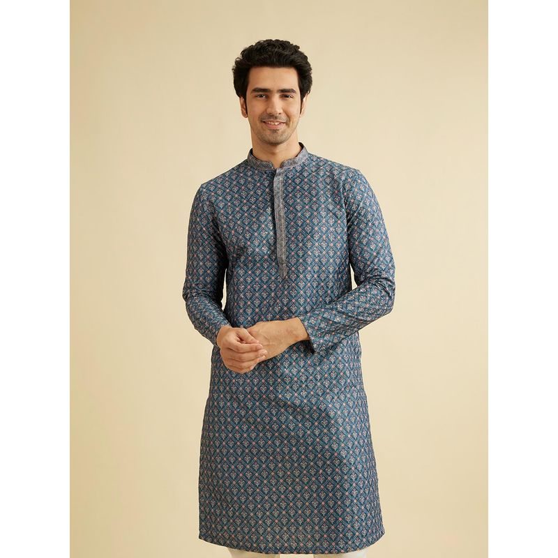 Manyavar Blue Art Silk Printed Kurta & Pyjama (Set of 2) (L)