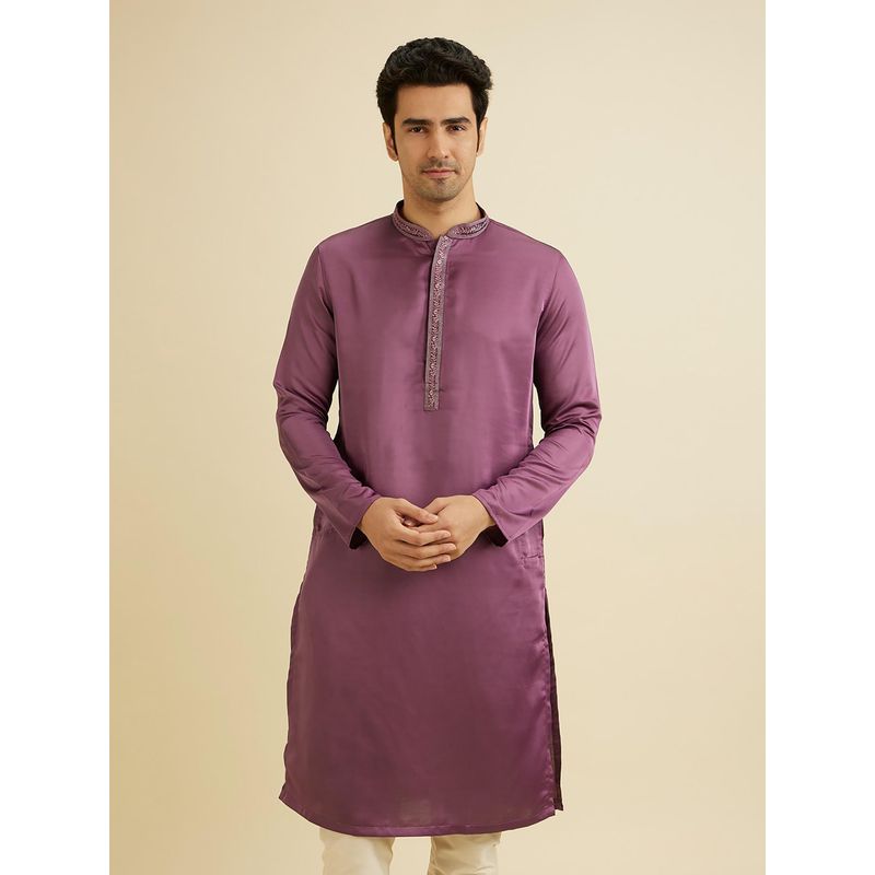 Manyavar Purple Satin Self Design Kurta with Pyjama (Set of 2) (XL)