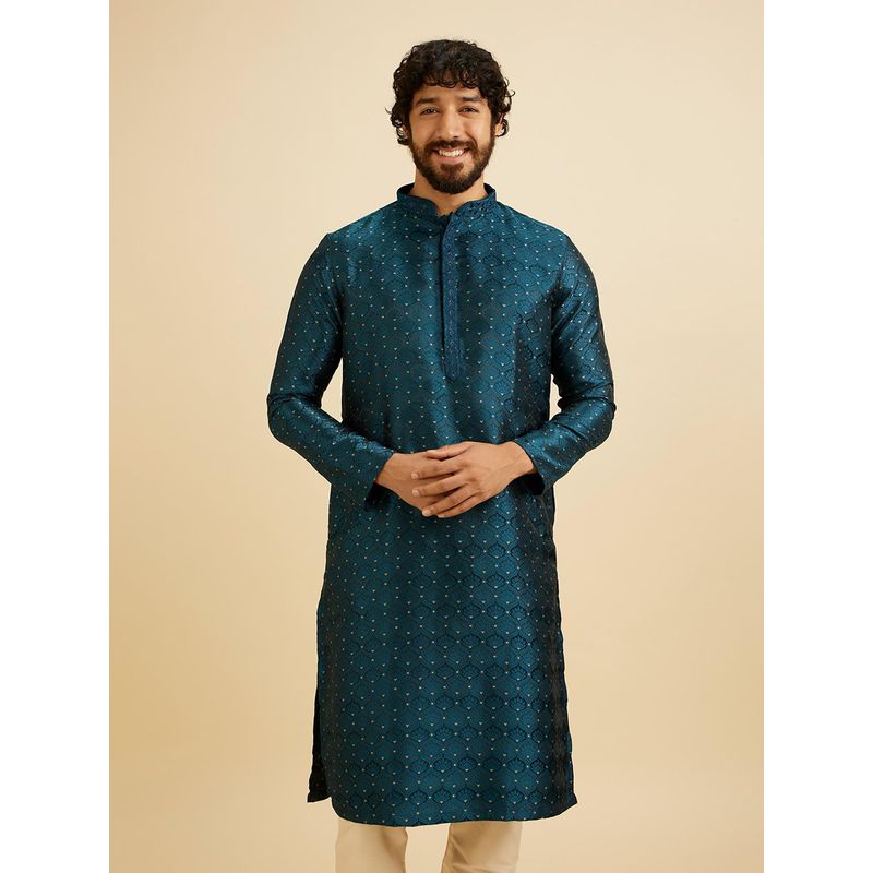 Manyavar Blue Brocade Thread Work Embroidery Kurta with Pyjama (Set of 2) (XL)