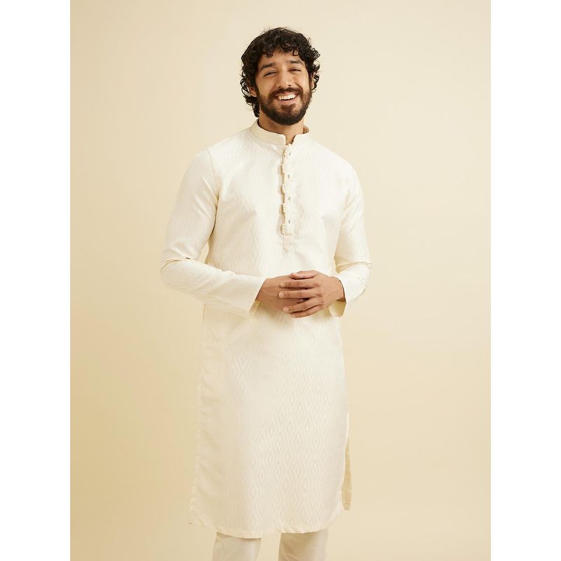 Manyavar Cream Brocade Printed Kurta with Pyjama (Set of 2) (M)
