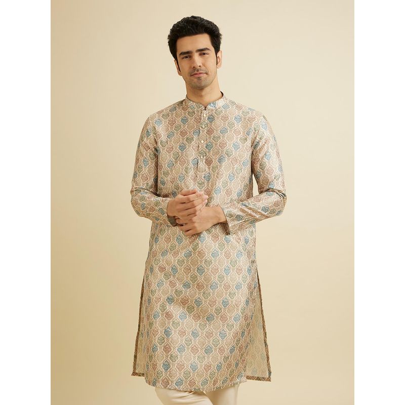 Manyavar Beige Art Silk Printed Kurta with Pyjama (Set of 2) (L)