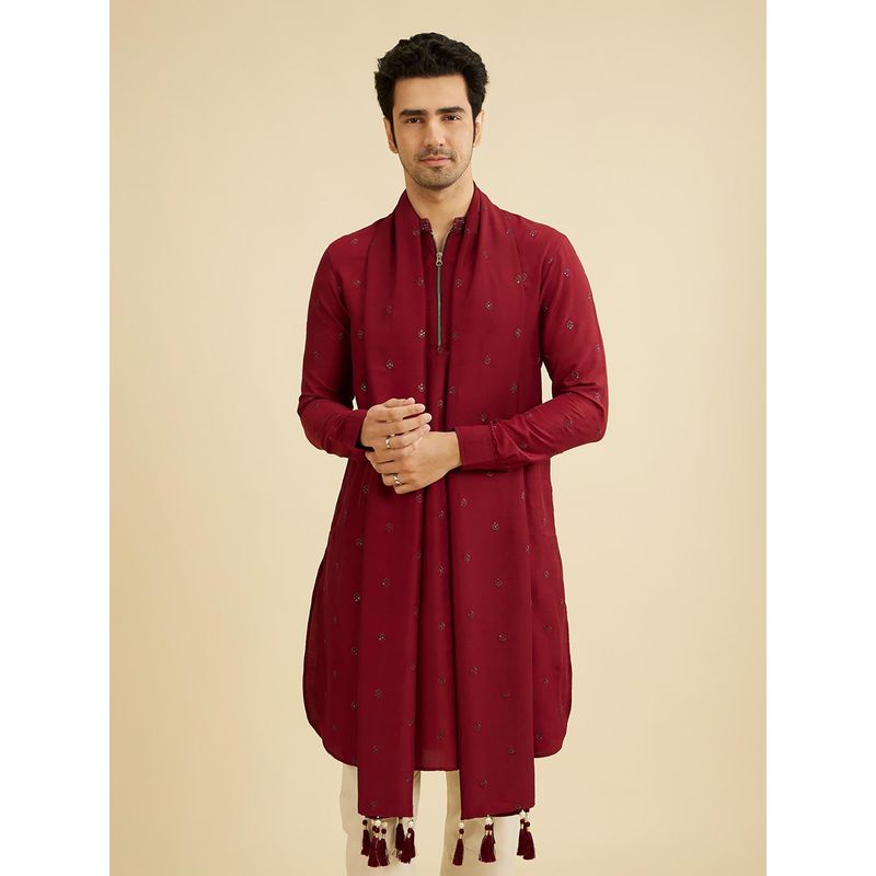 Manyavar Maroon Viscose Blend Printed Embellished Work Kurta with Pyjama & Dupatta (Set of 3) (2XL)