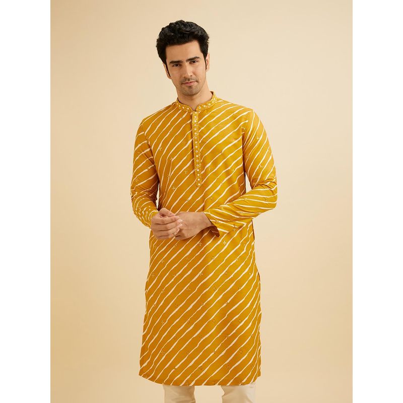Manyavar Mustard Art Silk Printed Mirror Work Embroidery Kurta & Pyjama (Set of 2) (S)