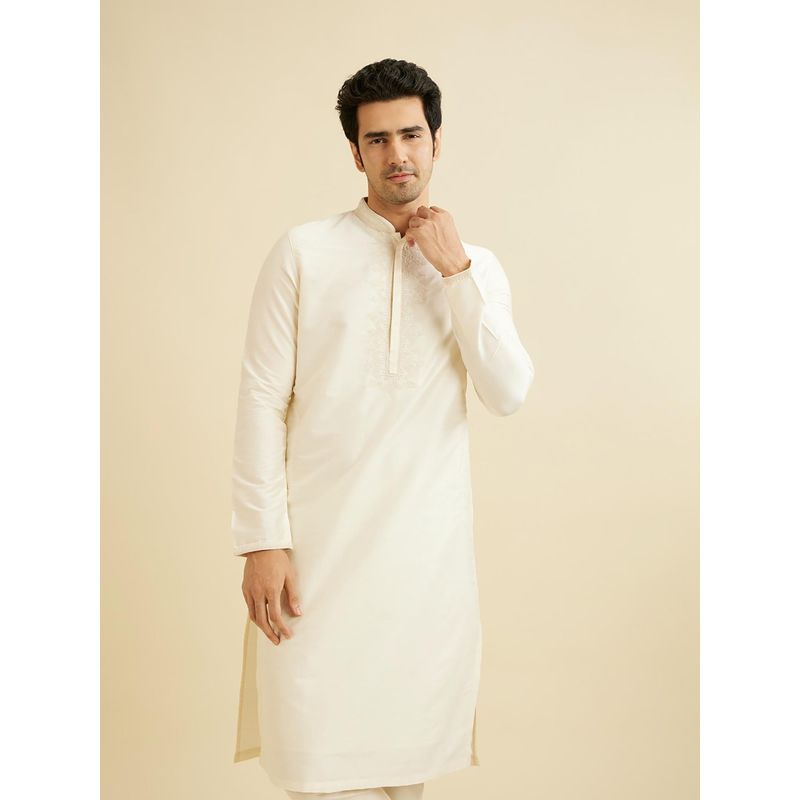 Manyavar Cream Blended Viscose Embroidered Kurta & Pyjama (Set of 2) (3XL)