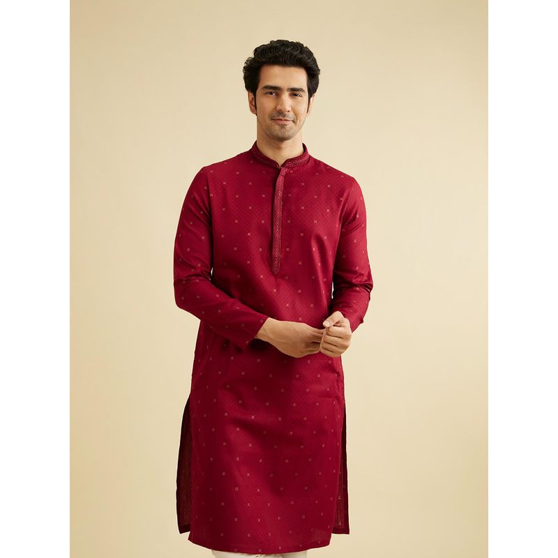 Manyavar Maroon Cotton Printed Geometric Kurta & Pyjama (Set of 2) (L)